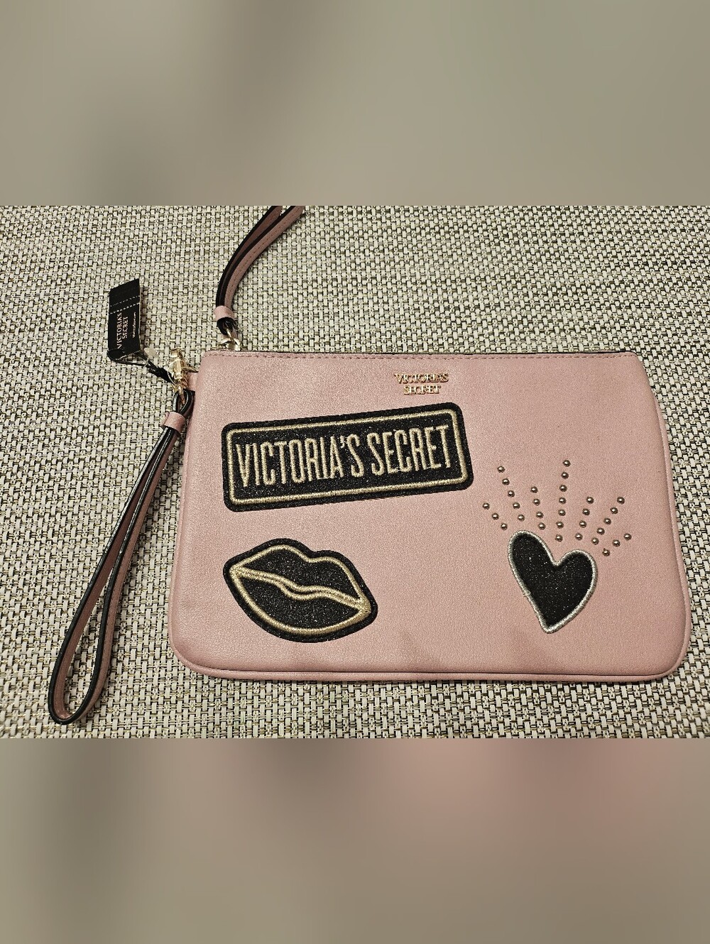 Victoria's Secret Pink Wristlet Pouch with Black & Gold Patch Accents